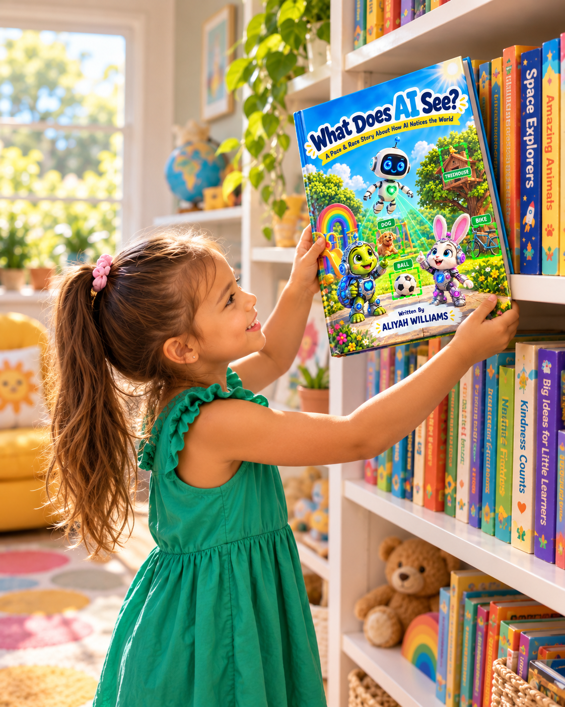 A child holding the Pace & Race picture book What Does AI See?