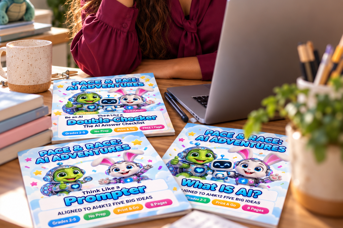 Three Pace & Race AI Adventures teacher packs on a classroom desk